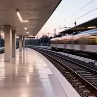 Moderner, minimalistischer Bahnsteig bei Dämmerung mit klaren architektonischen Linien und verschwommener Bewegung eines vorbeifahrenden Zuges. - Foto: über boerse-global.de
