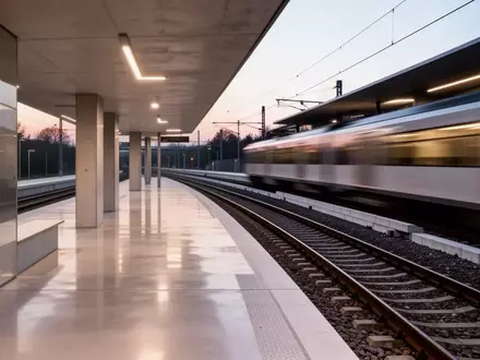 Moderner, minimalistischer Bahnsteig bei Dämmerung mit klaren architektonischen Linien und verschwommener Bewegung eines vorbeifahrenden Zuges. - Foto: über boerse-global.de