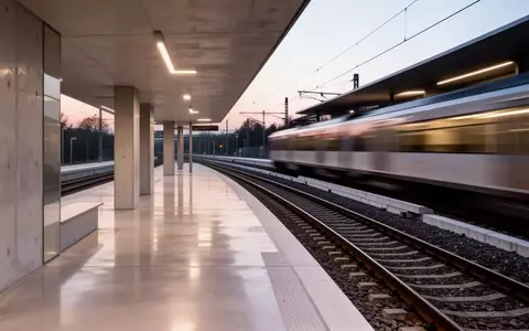 Moderner, minimalistischer Bahnsteig bei Dämmerung mit klaren architektonischen Linien und verschwommener Bewegung eines vorbeifahrenden Zuges. - Foto: über boerse-global.de