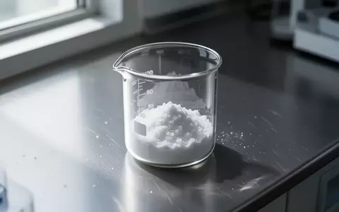 Ein Laborbecher mit weißem, kristallinem Pulver auf einem Edelstahltisch in einer sterilen Laborumgebung. - Foto: über boerse-global.de