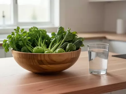 Eine Schale mit frischem Gemüse und ein Glas Wasser auf einem Holztisch in einer hellen Küche. - Foto: über boerse-global.de
