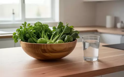 Eine Schale mit frischem Gemüse und ein Glas Wasser auf einem Holztisch in einer hellen Küche. - Foto: über boerse-global.de