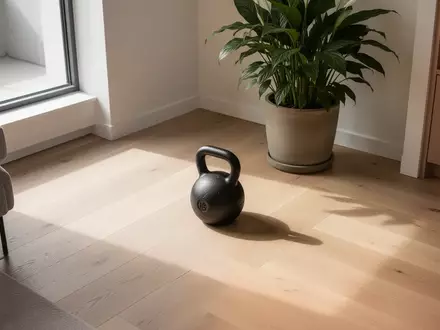 Eine schlichte, schwarze Gusseisen-Kettlebell auf einem hellen Holzboden in einem sonnendurchfluteten Raum mit einer Pflanze. - Foto: über boerse-global.de