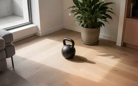 Eine schlichte, schwarze Gusseisen-Kettlebell auf einem hellen Holzboden in einem sonnendurchfluteten Raum mit einer Pflanze. - Foto: über boerse-global.de