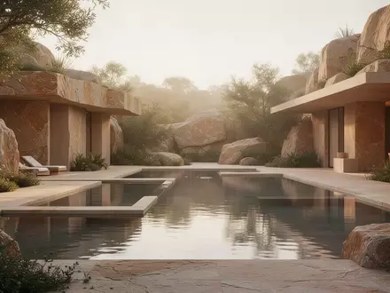 Moderne, in eine Felslandschaft integrierte Wellness-Architektur mit Wasserflächen und natürlicher Lichtstimmung. - Foto: über boerse-global.de