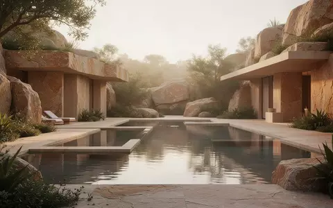 Moderne, in eine Felslandschaft integrierte Wellness-Architektur mit Wasserflächen und natürlicher Lichtstimmung. - Foto: über boerse-global.de