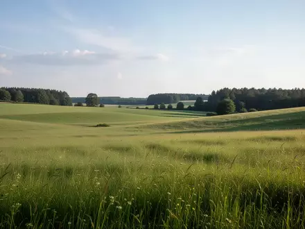 Weite Wiesenlandschaft in Mecklenburg mit sanften Hügeln und grünem Gras unter einem weiten Himmel - Foto: über boerse-global.de