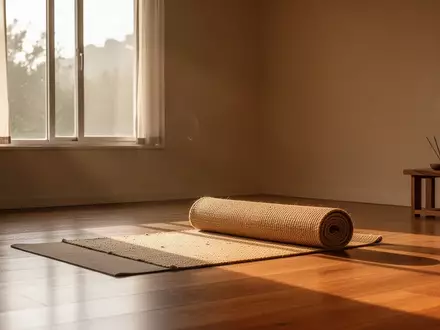 Ein minimalistischer Meditationsraum mit einer zusammengerollten Yogamatte in warmem Morgenlicht. - Foto: über boerse-global.de