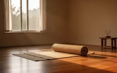 Ein minimalistischer Meditationsraum mit einer zusammengerollten Yogamatte in warmem Morgenlicht. - Foto: über boerse-global.de