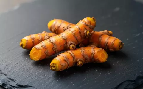 Frische Kurkuma-Wurzeln auf dunklem Steinuntergrund. - Foto: über boerse-global.de