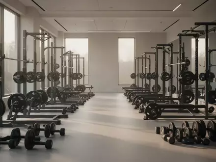 Ein heller, minimalistischer Fitnessbereich mit geordneten Hanteln und Trainingsgeräten in einer modernen Architektur. - Foto: über boerse-global.de