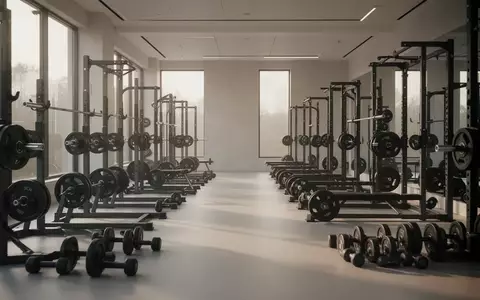 Ein heller, minimalistischer Fitnessbereich mit geordneten Hanteln und Trainingsgeräten in einer modernen Architektur. - Foto: über boerse-global.de