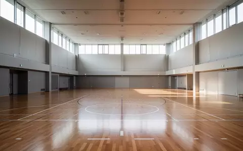 Leere moderne Sporthalle mit hellem Holzboden und einfallendem Tageslicht. - Foto: über boerse-global.de