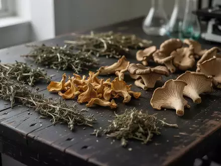 Nahaufnahme von getrockneten Heilpflanzen und Vitalpilzen auf einem dunklen Holztisch in einem Laborumfeld. - Foto: über boerse-global.de