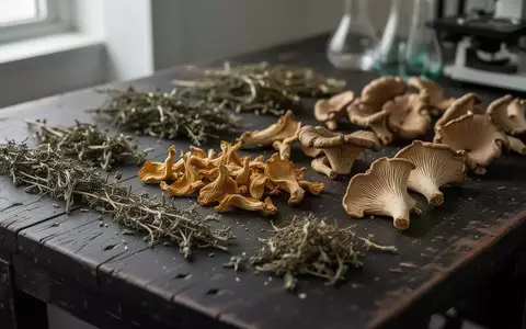 Nahaufnahme von getrockneten Heilpflanzen und Vitalpilzen auf einem dunklen Holztisch in einem Laborumfeld. - Foto: über boerse-global.de