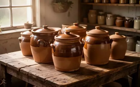 Traditionelle Keramikgefäße zur Fermentierung auf einem rustikalen Holztisch in einem hellen Vorratsraum. - Foto: über boerse-global.de