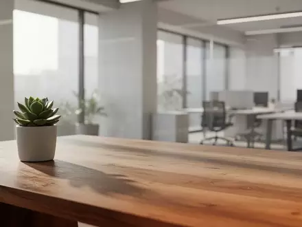 Ein minimalistischer, aufgeräumter Arbeitsplatz mit einem hölzernen Schreibtisch und einer Pflanze vor einem hellen Bürofenster. - Foto: über boerse-global.de