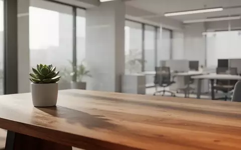 Ein minimalistischer, aufgeräumter Arbeitsplatz mit einem hölzernen Schreibtisch und einer Pflanze vor einem hellen Bürofenster. - Foto: über boerse-global.de