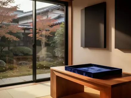 Ein minimalistischer, heller Hörraum mit Holztisch und Blick in einen herbstlichen Garten. - Foto: über boerse-global.de
