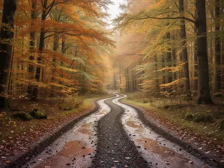 Ein gewundener, herbstlicher Waldweg mit goldenem Laub und feuchtem Boden im dichten Wald. - Foto: über boerse-global.de
