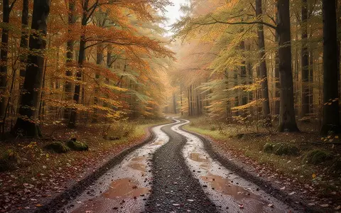 Ein gewundener, herbstlicher Waldweg mit goldenem Laub und feuchtem Boden im dichten Wald. - Foto: über boerse-global.de