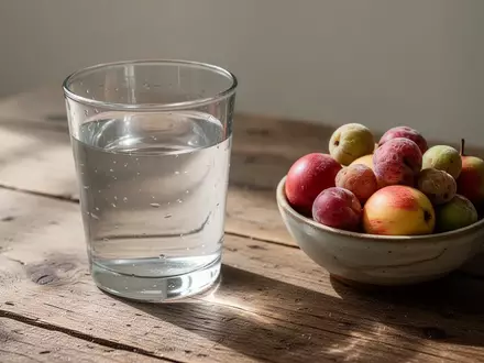 Ein Glas frisches Wasser neben einer Schale mit frischem Obst auf einem Holztisch. - Foto: über boerse-global.de