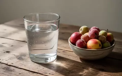 Ein Glas frisches Wasser neben einer Schale mit frischem Obst auf einem Holztisch. - Foto: über boerse-global.de