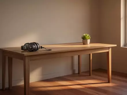 Ein minimalistischer Schreibtisch mit Kopfhörern und einer Pflanze in einem hellen, modernen Home-Office bei Tageslicht. - Foto: über boerse-global.de