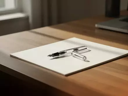 Ein minimalistischer Schreibtisch mit einem Notizblock und einem Füllfederhalter in einer ruhigen, lichtdurchfluteten Umgebung. - Foto: über boerse-global.de