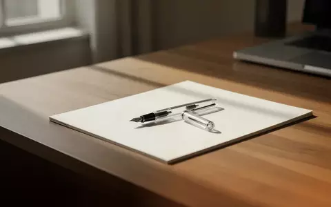 Ein minimalistischer Schreibtisch mit einem Notizblock und einem Füllfederhalter in einer ruhigen, lichtdurchfluteten Umgebung. - Foto: über boerse-global.de