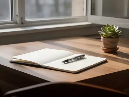 Ein minimalistisch gestalteter Schreibtisch mit Notizbuch und Pflanze in einer ruhigen Lernumgebung. - Foto: über boerse-global.de