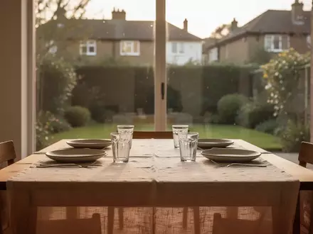 Ein minimalistisch gedeckter Holzesstisch in einem lichtdurchfluteten Esszimmer mit Blick in einen Garten. - Foto: über boerse-global.de