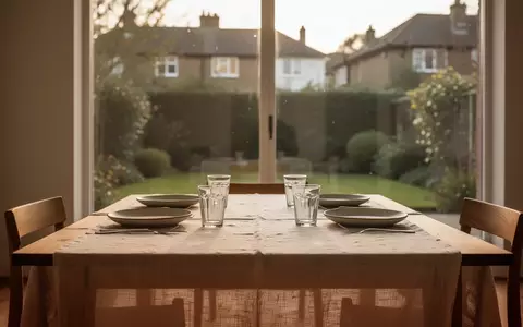 Ein minimalistisch gedeckter Holzesstisch in einem lichtdurchfluteten Esszimmer mit Blick in einen Garten. - Foto: über boerse-global.de
