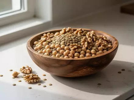 Eine Nahaufnahme von einer Holzschale mit Hülsenfrüchten und Nüssen auf einer hellen Steinarbeitsplatte. - Foto: über boerse-global.de