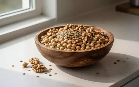 Eine Nahaufnahme von einer Holzschale mit Hülsenfrüchten und Nüssen auf einer hellen Steinarbeitsplatte. - Foto: über boerse-global.de