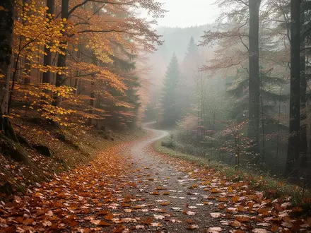 Ein herbstlicher Wanderweg in einem Mittelgebirge mit goldenem Laub und dichtem Wald. - Foto: über boerse-global.de