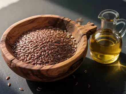 Eine Nahaufnahme von Leinsamen in einer Holzschale neben einem Glasfläschchen mit Leinöl auf einer dunklen Schieferplatte. - Foto: über boerse-global.de