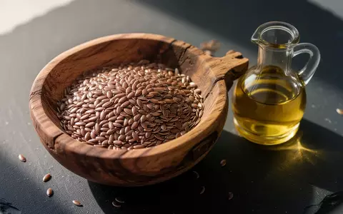 Eine Nahaufnahme von Leinsamen in einer Holzschale neben einem Glasfläschchen mit Leinöl auf einer dunklen Schieferplatte. - Foto: über boerse-global.de