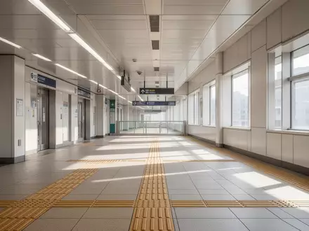 Taktile Bodenleitsysteme in einer modernen Bahnhofshalle bei hellem Tageslicht. - Foto: über boerse-global.de