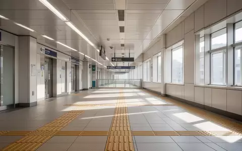 Taktile Bodenleitsysteme in einer modernen Bahnhofshalle bei hellem Tageslicht. - Foto: über boerse-global.de
