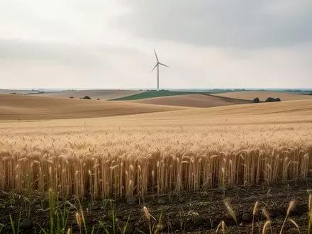 Weites Feld mit einer Windkraftanlage in der Ferne unter bewölktem Himmel. - Foto: über boerse-global.de