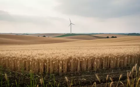 Weites Feld mit einer Windkraftanlage in der Ferne unter bewölktem Himmel. - Foto: über boerse-global.de