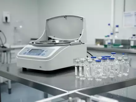 Ein steriler Labortisch mit medizinischen Glasgefäßen und einer Zentrifuge in einer hellen, klinischen Umgebung. - Foto: über boerse-global.de