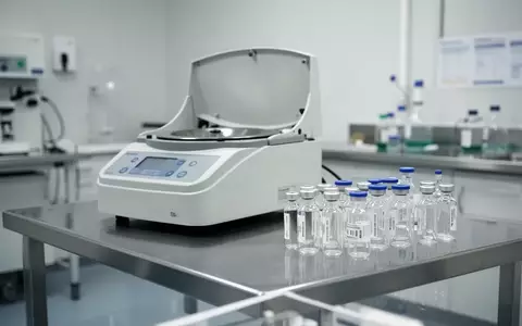 Ein steriler Labortisch mit medizinischen Glasgefäßen und einer Zentrifuge in einer hellen, klinischen Umgebung. - Foto: über boerse-global.de