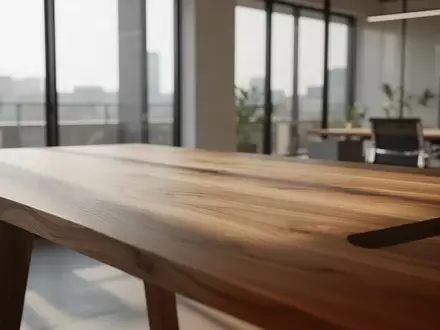Ein minimalistischer Arbeitsplatz mit einem Holztisch in einem hellen, modern eingerichteten Raum. - Foto: über boerse-global.de