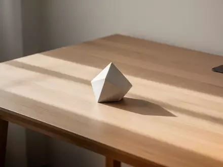 Ein minimalistischer, aufgeräumter Schreibtisch mit einem einzelnen geometrischen Briefbeschwerer in weichem Tageslicht. - Foto: über boerse-global.de