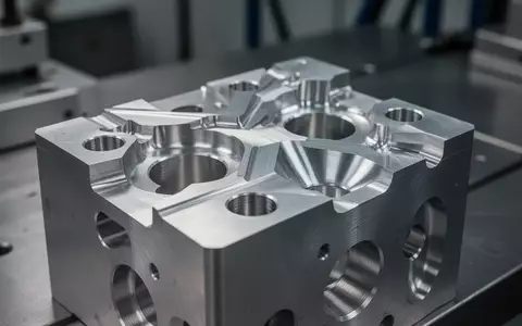 Ein präzise gefräster Aluminiumblock mit komplexen geometrischen Strukturen in einer industriellen Werkstattumgebung. - Foto: über boerse-global.de