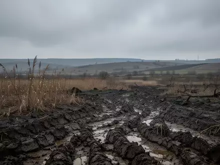 Eine verlassene, aufgewühlte Erdschicht in einer weitläufigen, trüben Landschaft im Donbas unter einem grauen Himmel. - Foto: über boerse-global.de