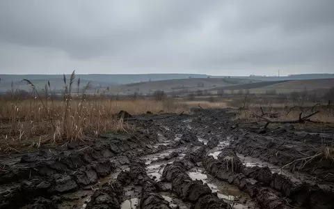 Eine verlassene, aufgewühlte Erdschicht in einer weitläufigen, trüben Landschaft im Donbas unter einem grauen Himmel. - Foto: über boerse-global.de