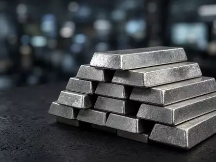 Ein Stapel physischer Silberbarren auf einer dunklen industriellen Oberfläche bei gedimmter, kinoreifer Beleuchtung. - Foto: über boerse-global.de